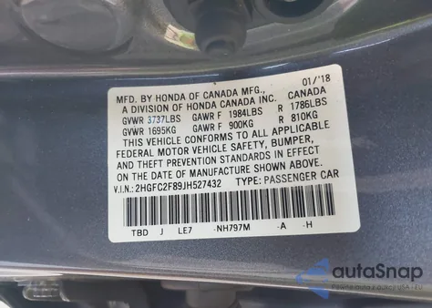 2018 Honda Civic Ex z USA, uszkodzony, nr VIN 2HGFC2F89JH527432